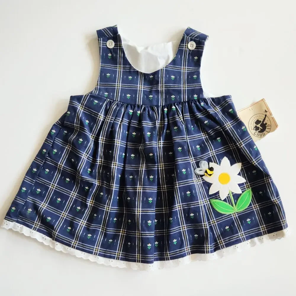 Vintage 1980s Good Lad Blue Daisy & Bumblebee Jumper Dress | Baby 18 M | NWT